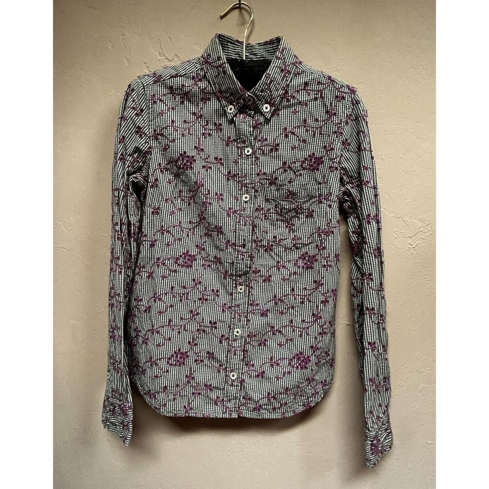 Odille Womens Button-Down Embroidered Gingham Shirt Size 4 Black/Purple Cotton